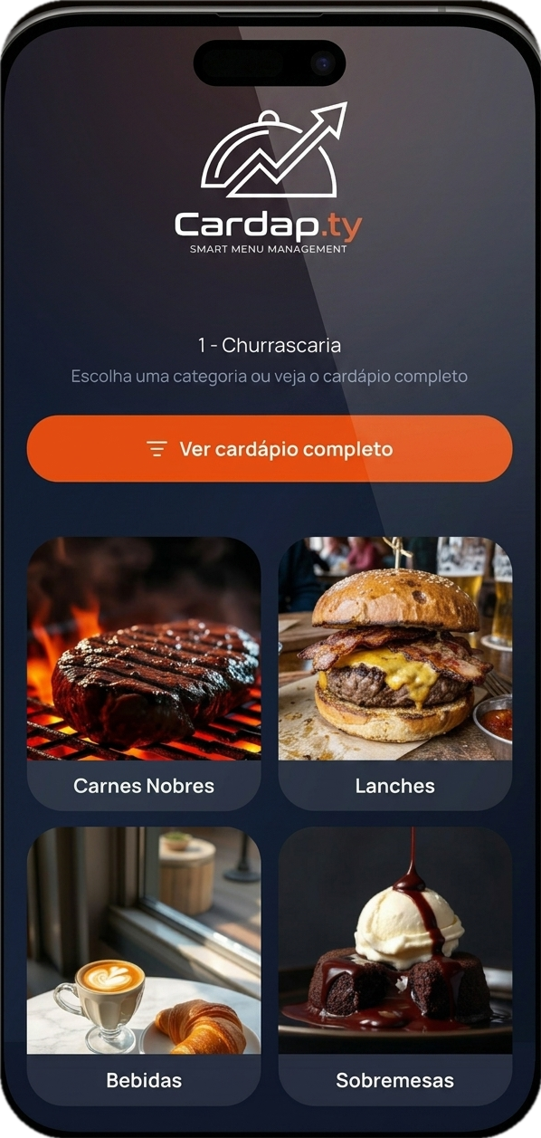 Cardápio completo, com a sua marca no topo.